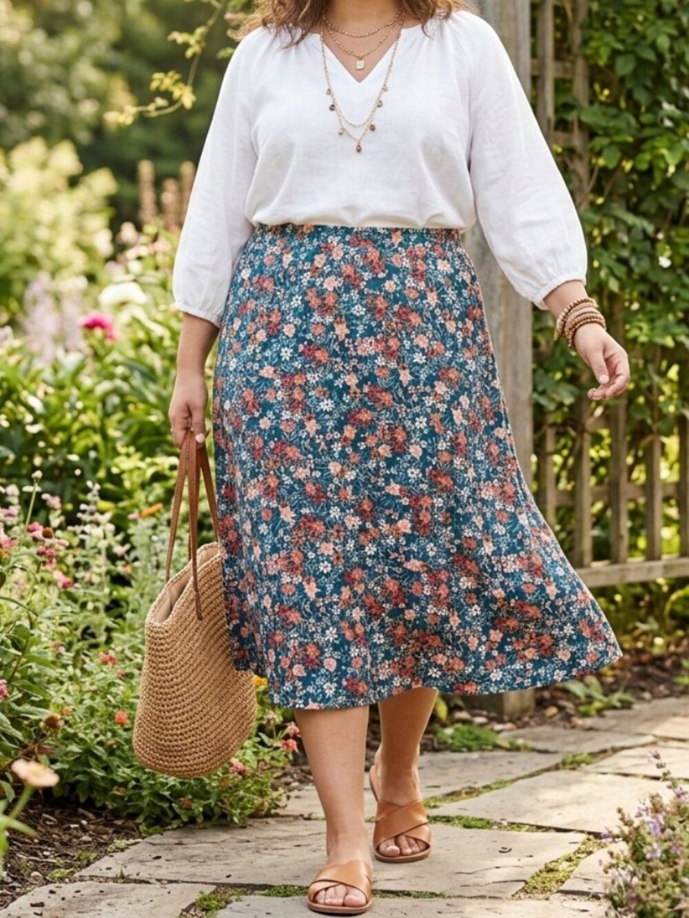 Curvy 4XL Floral A-Line Midi Skirt Navy Red Elastic Waist Cottagecore Plus Size
